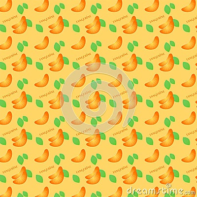 A seamless pattern with slices of tangerine with leaves Vector Illustration